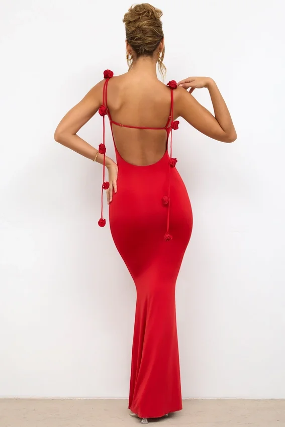 Aldona Slinky Jersey Rose Detail Evening Gown in Scarlet Red Aldona Slinky Jersey Rose Detail Evening Gown in Scarlet Red