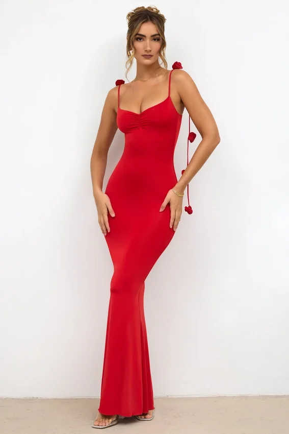Aldona Slinky Jersey Rose Detail Evening Gown in Scarlet Red Aldona Slinky Jersey Rose Detail Evening Gown in Scarlet Red