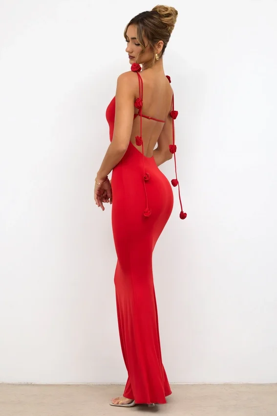 Aldona Slinky Jersey Rose Detail Evening Gown in Scarlet Red Aldona Slinky Jersey Rose Detail Evening Gown in Scarlet Red