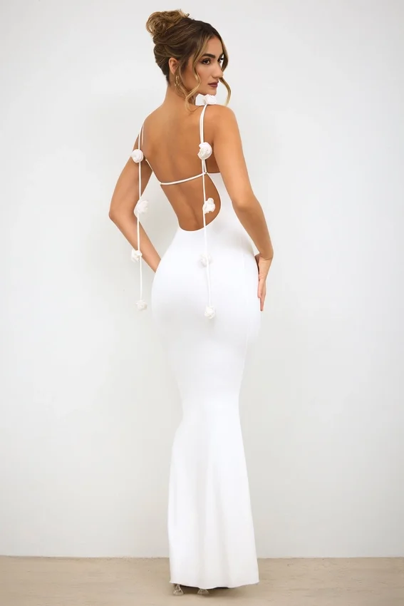 Aldona Slinky Jersey Rose Detail Evening Gown in White Aldona Slinky Jersey Rose Detail Evening Gown in White