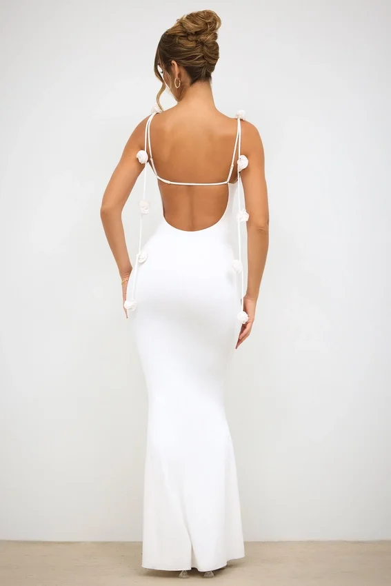 Aldona Slinky Jersey Rose Detail Evening Gown in White Aldona Slinky Jersey Rose Detail Evening Gown in White