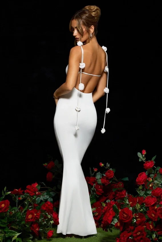 Aldona Slinky Jersey Rose Detail Evening Gown in White Aldona Slinky Jersey Rose Detail Evening Gown in White