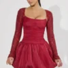 Aletta Embellished Bubble Hem Mini Dress in Red Aletta Embellished Bubble Hem Mini Dress in Red