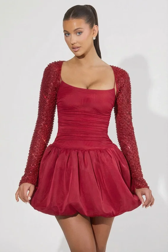 Aletta Embellished Bubble Hem Mini Dress in Red Aletta Embellished Bubble Hem Mini Dress in Red