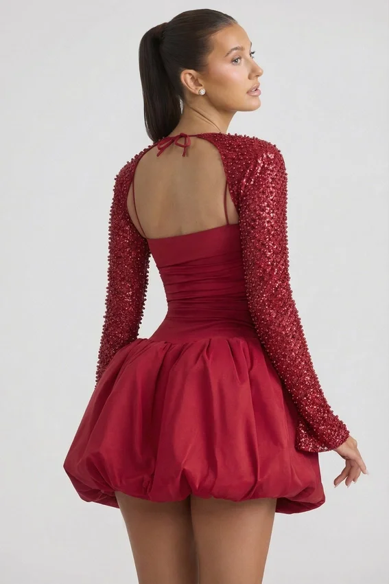 Aletta Embellished Bubble Hem Mini Dress in Red Aletta Embellished Bubble Hem Mini Dress in Red