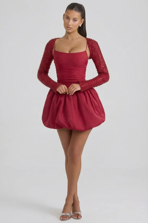 Aletta Embellished Bubble Hem Mini Dress in Red Aletta Embellished Bubble Hem Mini Dress in Red