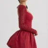 Aletta Embellished Bubble Hem Mini Dress in Red Aletta Embellished Bubble Hem Mini Dress in Red