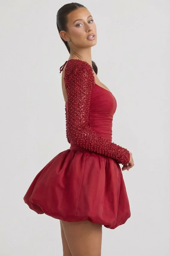Aletta Embellished Bubble Hem Mini Dress in Red Aletta Embellished Bubble Hem Mini Dress in Red