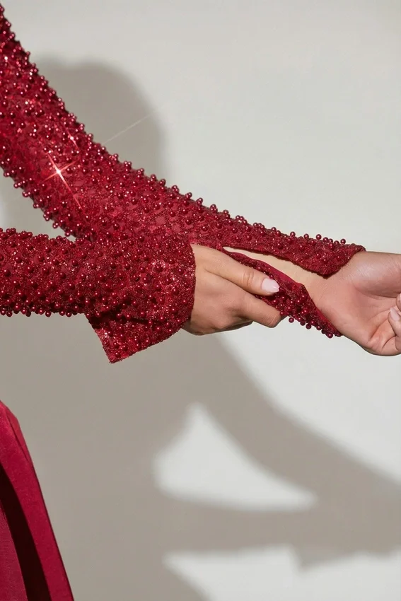 Aletta Embellished Bubble Hem Mini Dress in Red Aletta Embellished Bubble Hem Mini Dress in Red