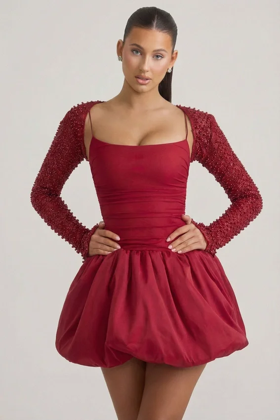 Aletta Embellished Bubble Hem Mini Dress in Red Aletta Embellished Bubble Hem Mini Dress in Red