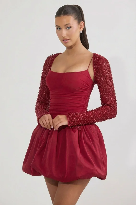 Aletta Embellished Bubble Hem Mini Dress in Red Aletta Embellished Bubble Hem Mini Dress in Red