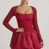 Aletta Embellished Bubble Hem Mini Dress in Red Aletta Embellished Bubble Hem Mini Dress in Red