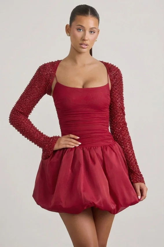 Aletta Embellished Bubble Hem Mini Dress in Red Aletta Embellished Bubble Hem Mini Dress in Red