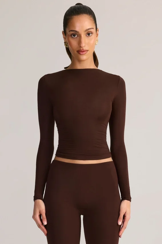 Alia Modal Ruched Long-Sleeve Top in Chocolate Brown Alia Modal Ruched Long-Sleeve Top in Chocolate Brown