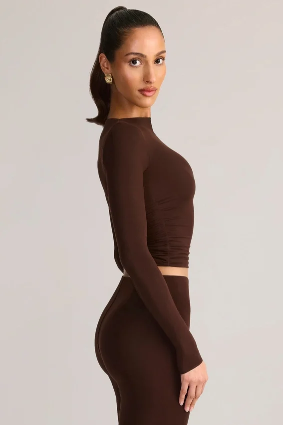 Alia Modal Ruched Long-Sleeve Top in Chocolate Brown Alia Modal Ruched Long-Sleeve Top in Chocolate Brown