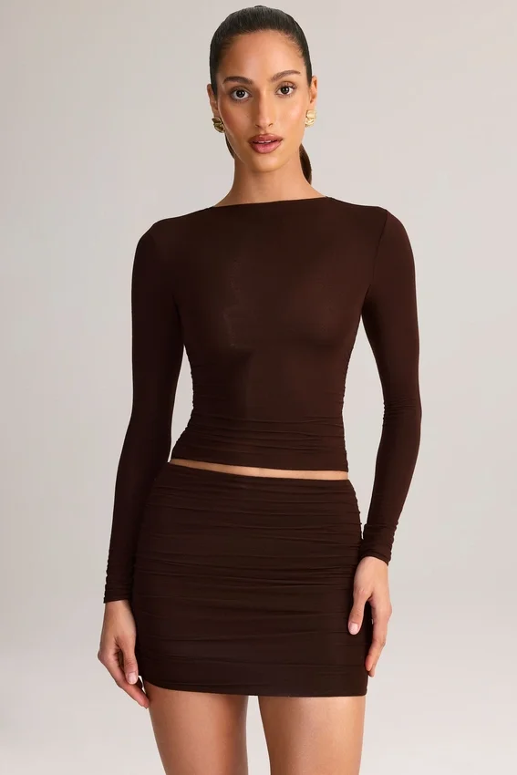 Alia Modal Ruched Long-Sleeve Top in Chocolate Brown Alia Modal Ruched Long-Sleeve Top in Chocolate Brown