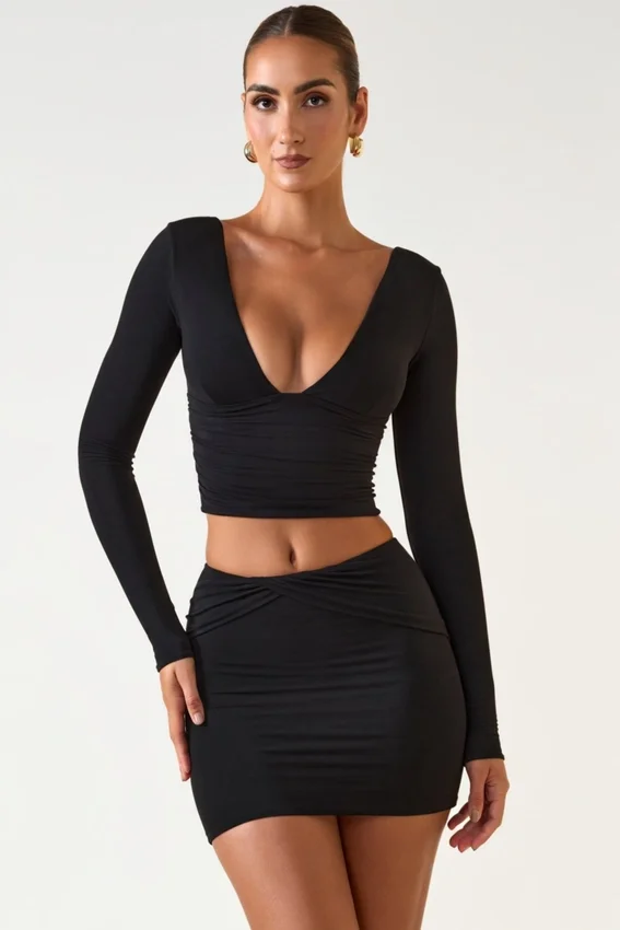 Aliz Modal Twist-Front Mid-Rise Mini Skirt in Black Aliz Modal Twist-Front Mid-Rise Mini Skirt in Black