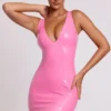 Allani Vinyl Plunge Neck Bodycon Mini Dress in Pink Allani Vinyl Plunge Neck Bodycon Mini Dress in Pink