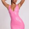 Allani Vinyl Plunge Neck Bodycon Mini Dress in Pink Allani Vinyl Plunge Neck Bodycon Mini Dress in Pink