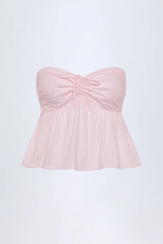 Alma Tie-Front Strapless Cotton-Poplin Crop Top in Pink White Stripe Alma Tie-Front Strapless Cotton-Poplin Crop Top in Pink White Stripe