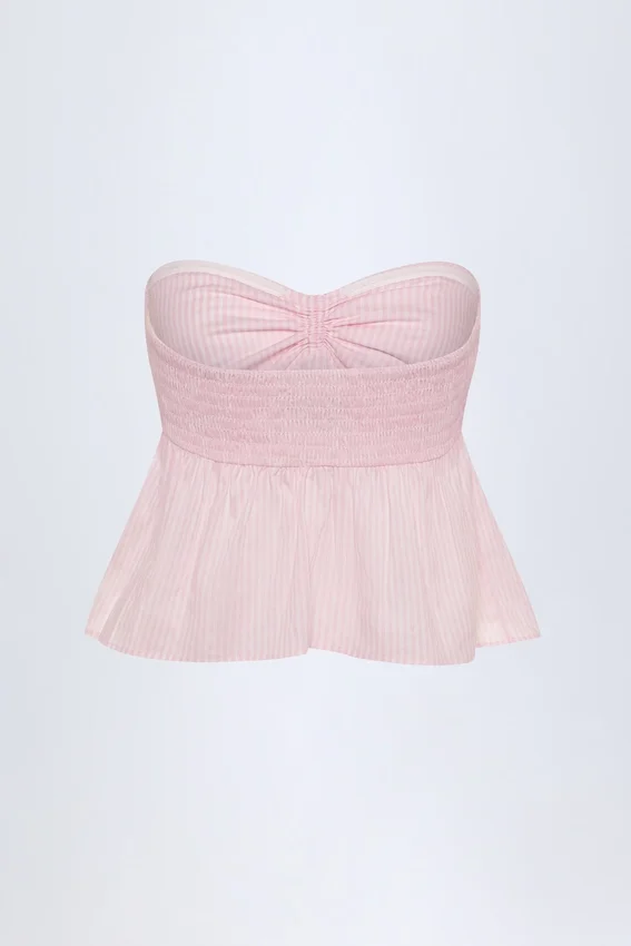 Alma Tie-Front Strapless Cotton-Poplin Crop Top in Pink White Stripe Alma Tie-Front Strapless Cotton-Poplin Crop Top in Pink White Stripe