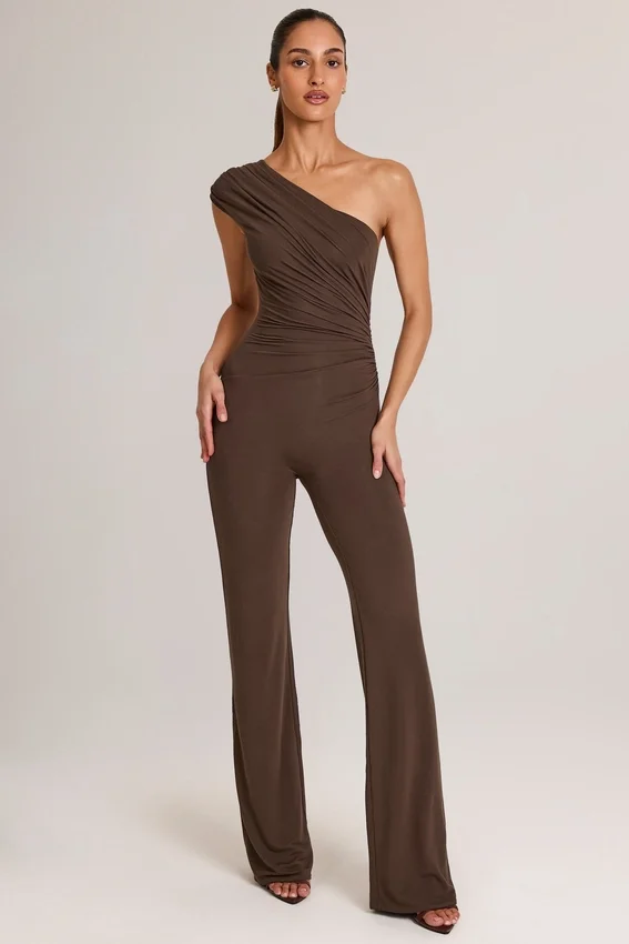 Alouette Modal One-Shoulder Jumpsuit in Chocolate Brown Alouette Modal One-Shoulder Jumpsuit in Chocolate Brown