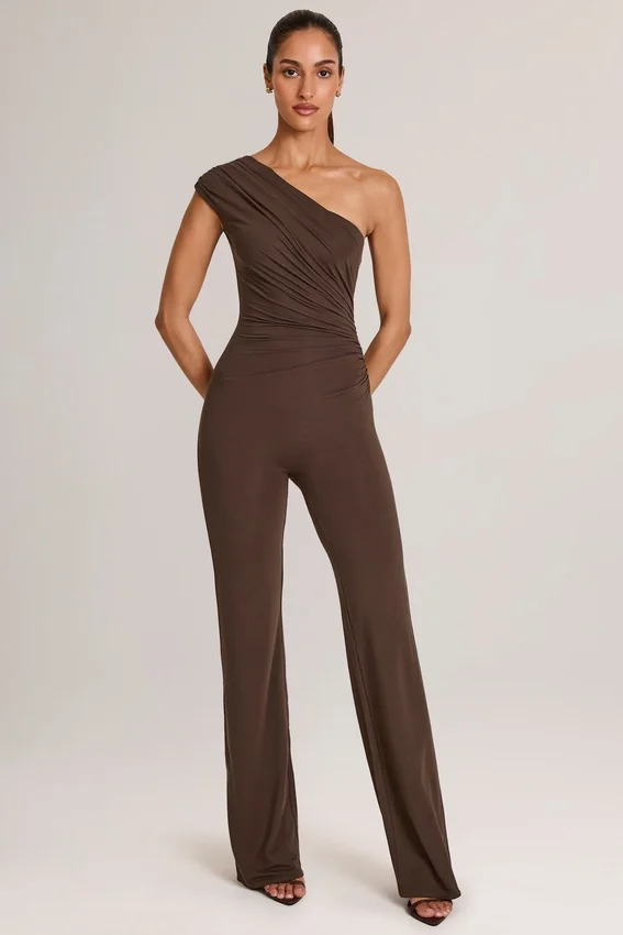 Alouette Modal One-Shoulder Jumpsuit in Chocolate Brown Alouette Modal One-Shoulder Jumpsuit in Chocolate Brown
