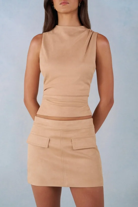 Alvara Faux Suede Mid-Rise Mini Skirt in Tan Alvara Faux Suede Mid-Rise Mini Skirt in Tan