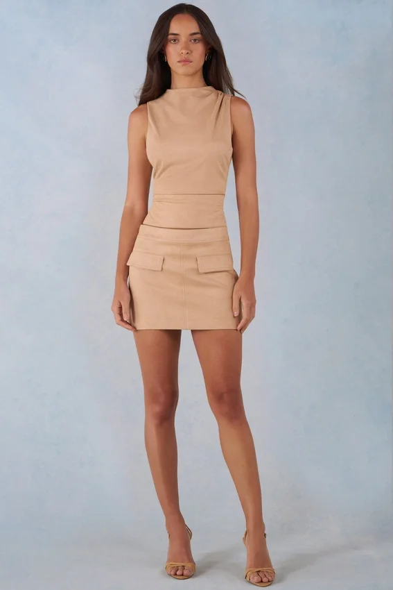 Alvara Faux Suede Mid-Rise Mini Skirt in Tan Alvara Faux Suede Mid-Rise Mini Skirt in Tan