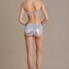Celina Sequin Mesh Mid-Rise Mini Shorts in Silver Celina Sequin Mesh Mid-Rise Mini Shorts in Silver