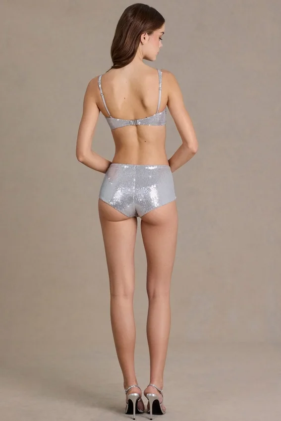 Celina Sequin Mesh Mid-Rise Mini Shorts in Silver Celina Sequin Mesh Mid-Rise Mini Shorts in Silver
