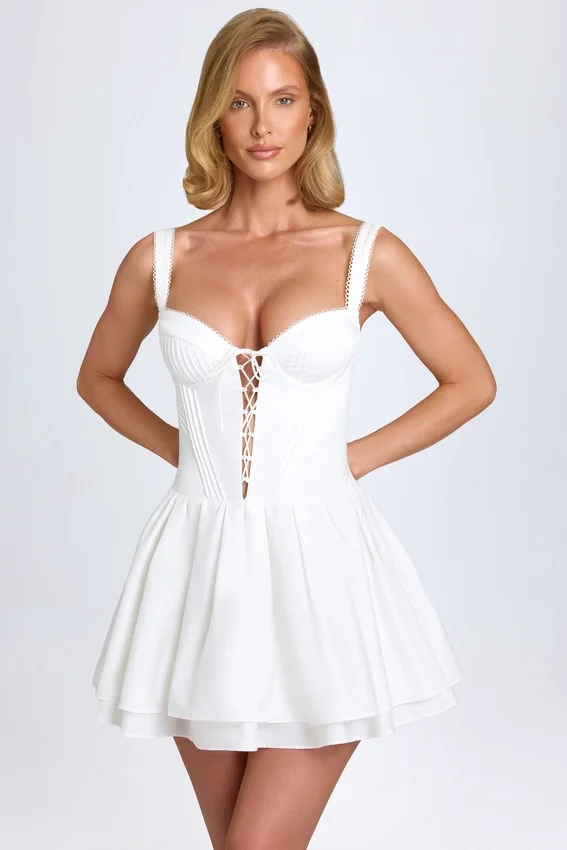 Analise Pintucked Lace-Up Corset Mini Dress in White Analise Pintucked Lace-Up Corset Mini Dress in White