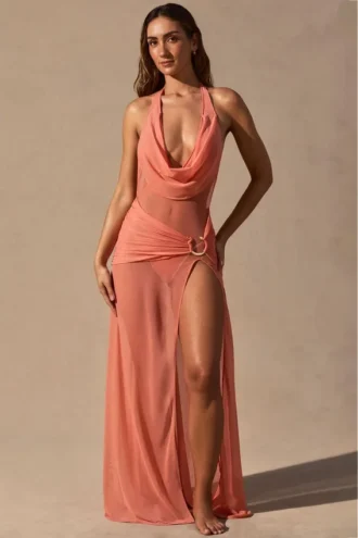 Anaya Cowl-Neck Plunge Maxi Dress in Coral Anaya Cowl-Neck Plunge Maxi Dress in Coral