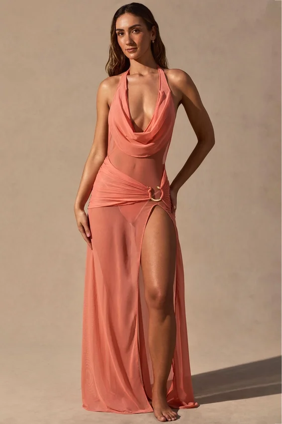 Anaya Cowl-Neck Plunge Maxi Dress in Coral Anaya Cowl-Neck Plunge Maxi Dress in Coral