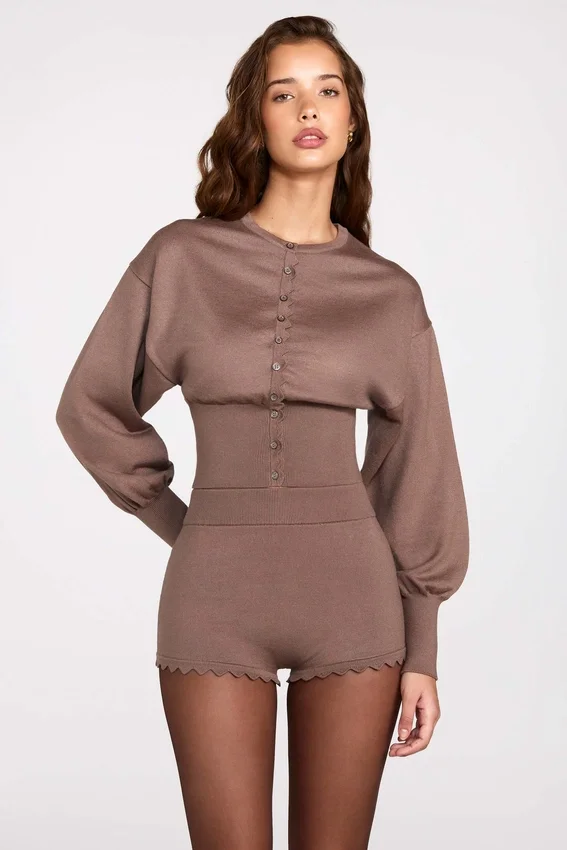Antonia Knit Mid-Rise Mini Shorts in Mocha Antonia Knit Mid-Rise Mini Shorts in Mocha