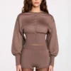 Antonia Knit Mid-Rise Mini Shorts in Mocha Antonia Knit Mid-Rise Mini Shorts in Mocha