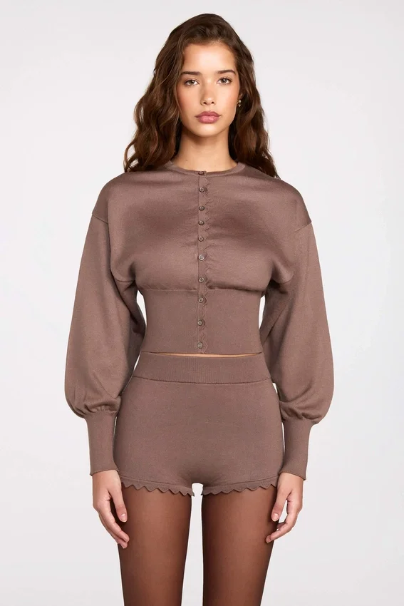 Antonia Knit Mid-Rise Mini Shorts in Mocha Antonia Knit Mid-Rise Mini Shorts in Mocha