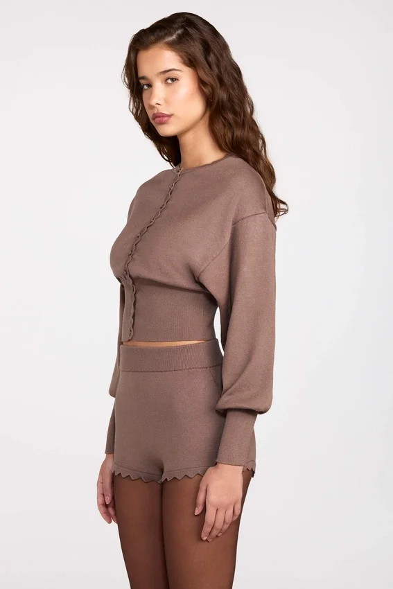 Antonia Knit Mid-Rise Mini Shorts in Mocha Antonia Knit Mid-Rise Mini Shorts in Mocha