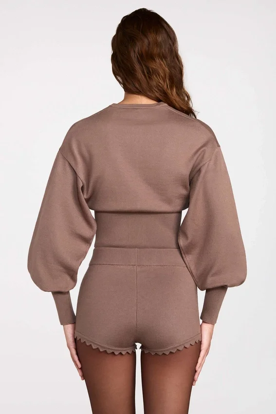 Antonia Knit Mid-Rise Mini Shorts in Mocha Antonia Knit Mid-Rise Mini Shorts in Mocha