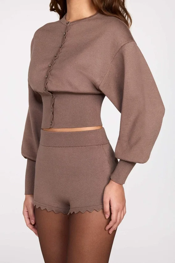 Antonia Knit Mid-Rise Mini Shorts in Mocha Antonia Knit Mid-Rise Mini Shorts in Mocha
