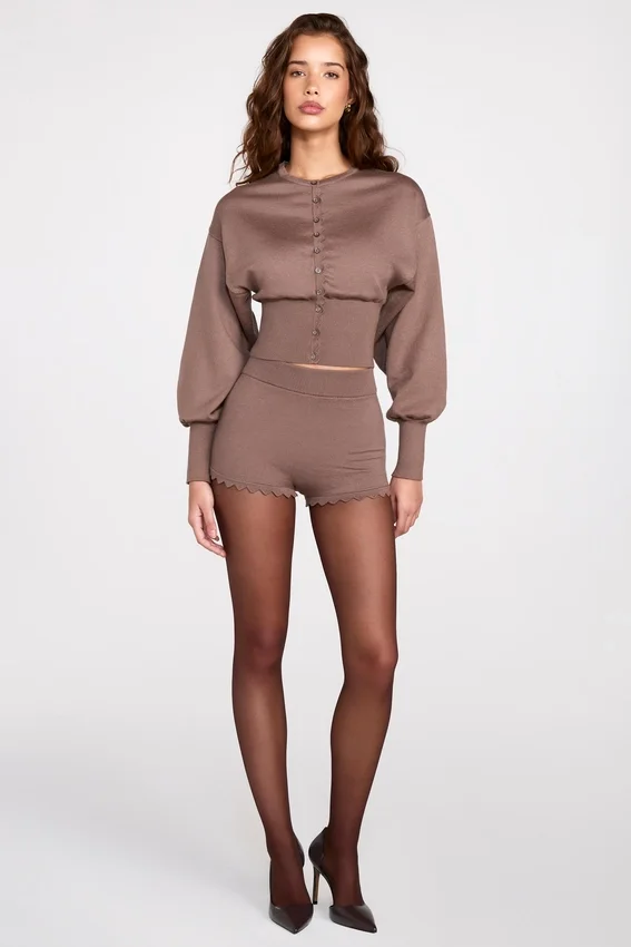 Antonia Knit Mid-Rise Mini Shorts in Mocha Antonia Knit Mid-Rise Mini Shorts in Mocha