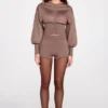 Antonia Knit Mid-Rise Mini Shorts in Mocha Antonia Knit Mid-Rise Mini Shorts in Mocha