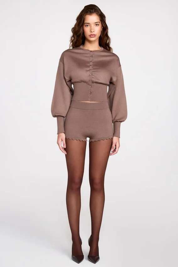 Antonia Knit Mid-Rise Mini Shorts in Mocha Antonia Knit Mid-Rise Mini Shorts in Mocha