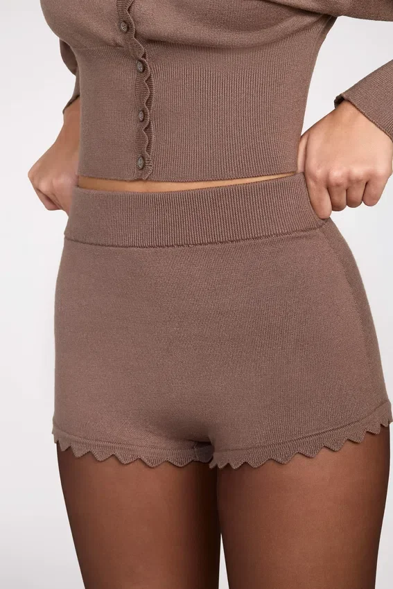 Antonia Knit Mid-Rise Mini Shorts in Mocha Antonia Knit Mid-Rise Mini Shorts in Mocha