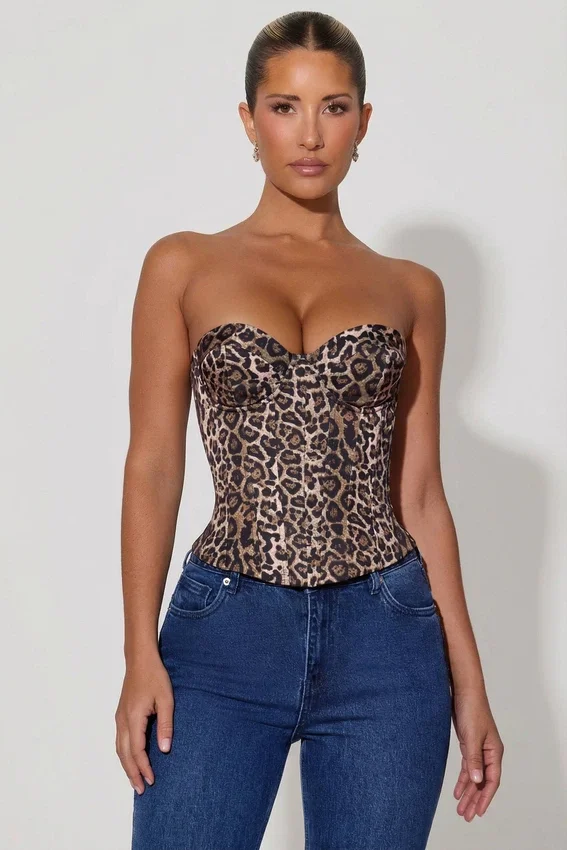 Araminta Lace-Up Corset Top in Leopard Print Araminta Lace-Up Corset Top in Leopard Print
