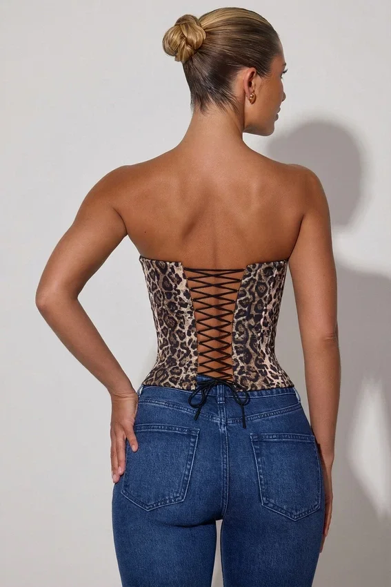 Araminta Lace-Up Corset Top in Leopard Print Araminta Lace-Up Corset Top in Leopard Print