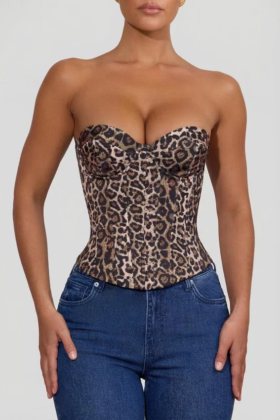 Araminta Lace-Up Corset Top in Leopard Print Araminta Lace-Up Corset Top in Leopard Print