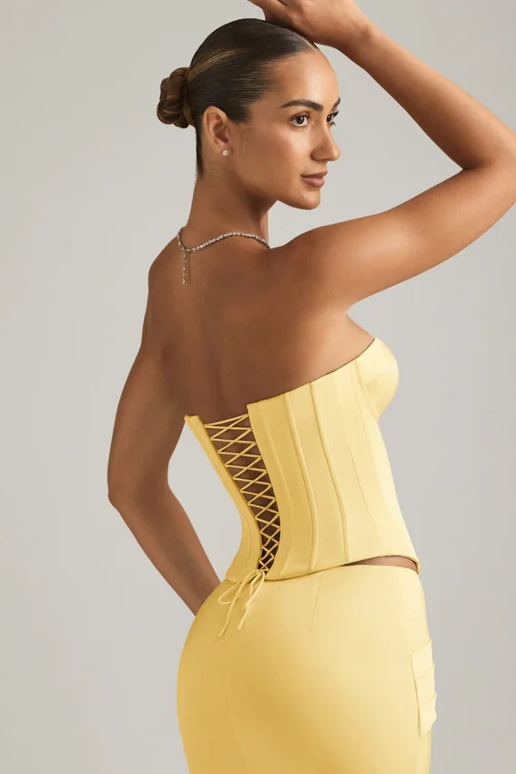 Araminta Lace-Up Corset Top in Pastel Yellow Araminta Lace-Up Corset Top in Pastel Yellow