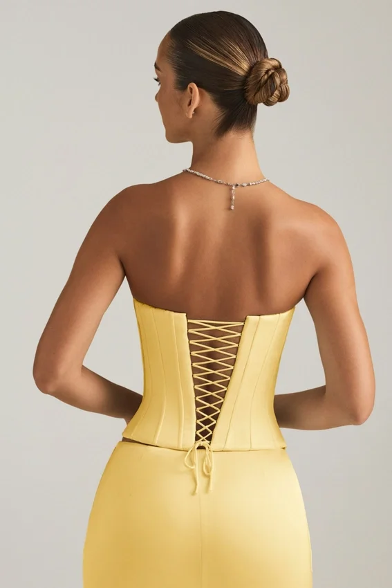 Araminta Lace-Up Corset Top in Pastel Yellow Araminta Lace-Up Corset Top in Pastel Yellow