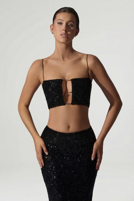 Ariana Embellished Cut-Out Crop Top in Black Ariana Embellished Cut-Out Crop Top in Black